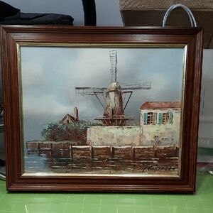 Framed Windmill Painting with Wooden Frame